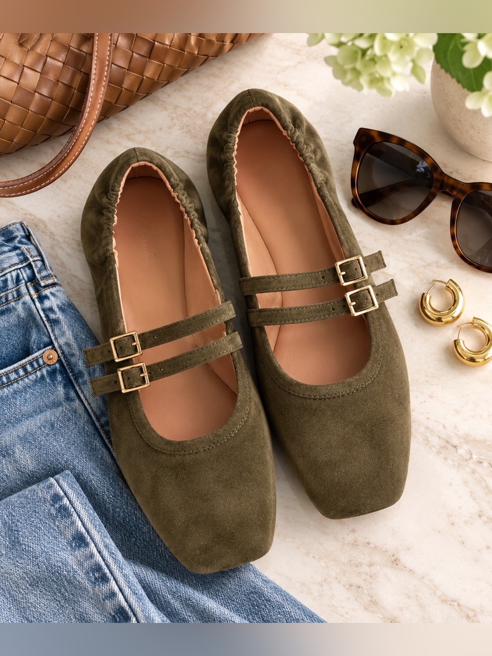 Wonderly Olive Suede Double Buckle Mary Jane Ballet Flats Women’s 9.5
⸻